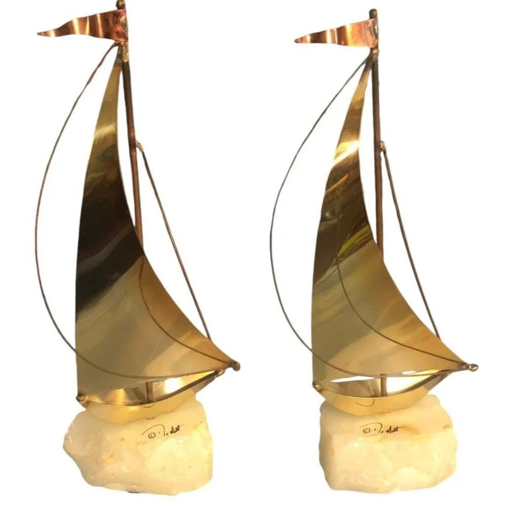 Vintage DEMOTT Brass Sailboat 9" Tall Sculpture Stone MCM Mid-Century Signed